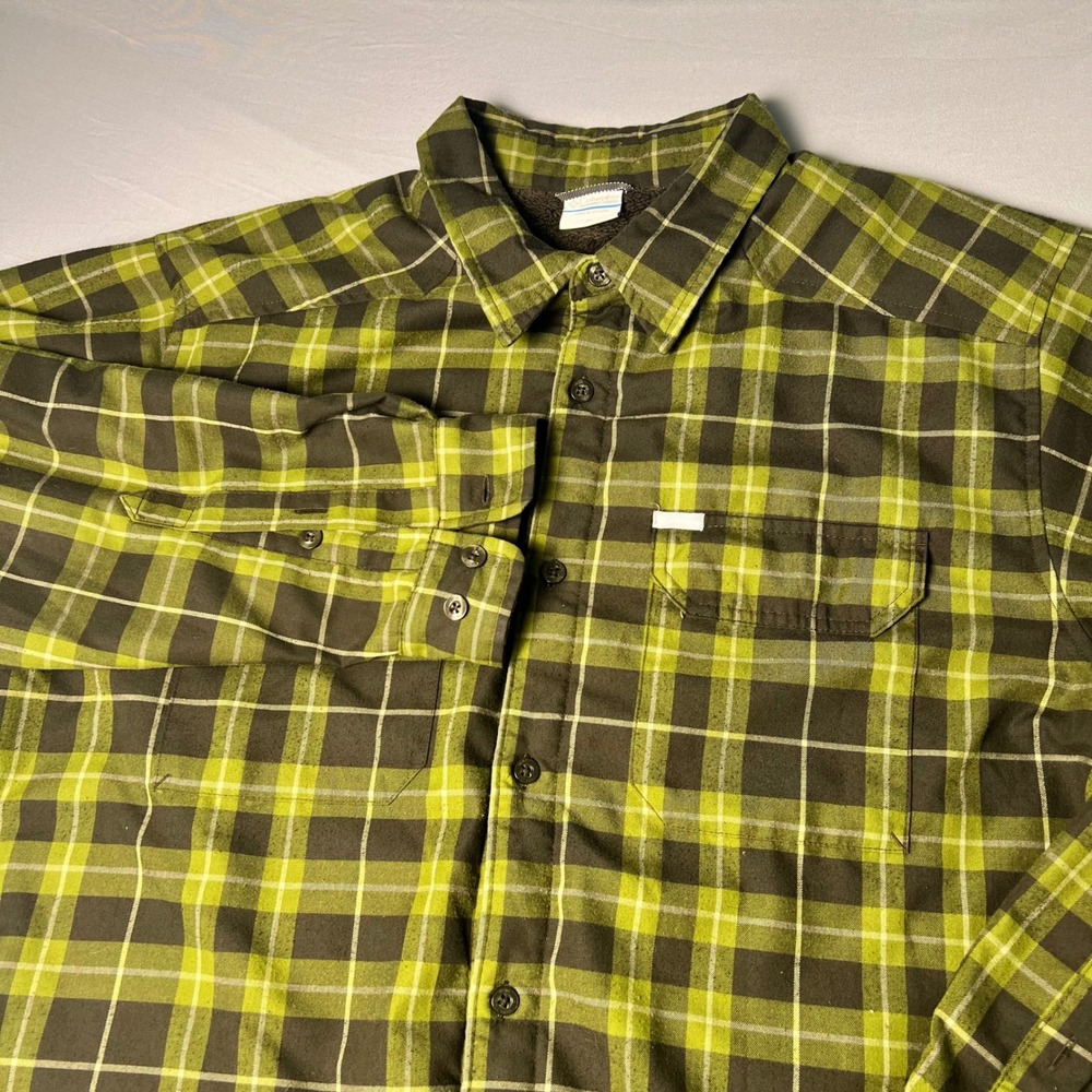 Columbia Mens XL Omni-Wick Sherpa Lined Plaid Flannel Shirt Jacket Green Brown